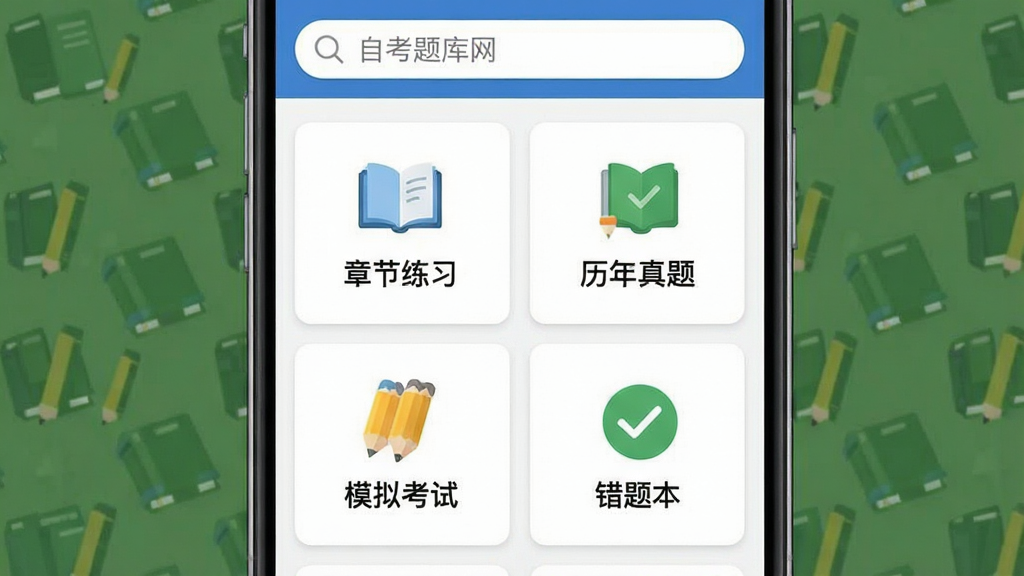 自考题库网 手机应用主界面 展示 章节练习 历年真题 模拟考试 错题本 四个功能卡片 布局为上下结构 顶部搜索栏 主体为卡片列表 排版整齐清晰 风格为教育类扁平化设计 细节包含书本 铅笔 对勾图标 画质高清 干净 无多余元素