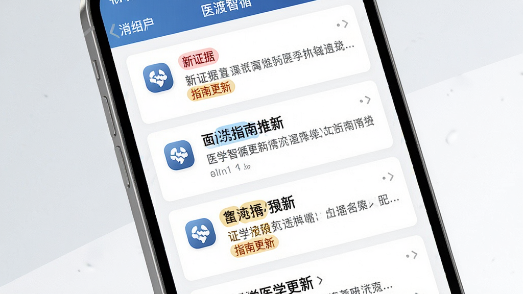 画面主体为“医渡智循”应用的消息推送界面,手机屏幕显示多条医学指南更新通知卡片,卡片上标注“新证据”“指南更新”等标签,布局为纵向信息流,手机略微倾斜展示,背景为淡灰色与白色搭配,风格为简约商务风,细节上通知卡片文字清晰,图标精致,画质高清,干净,无多余元素。