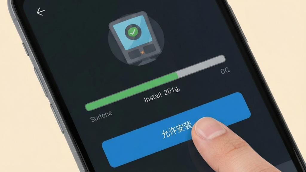 爱蜜聊天软件安卓手机安装步骤示意图,画面中手机屏幕显示安装进度条和“允许安装”按钮,背景为浅色,风格简洁明了,细节包含手指点击屏幕的动作,画质清晰,画面干净,无多余元素