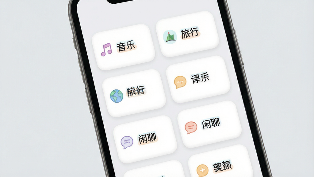 爱蜜社交软件兴趣圈子界面展示图,画面中手机屏幕显示多个兴趣标签卡片,卡片上有“音乐”“旅行”“闲聊”等文字,背景为浅灰色,卡片采用柔和圆角设计,风格清新简约,排版整齐,细节包含小图标点缀,画质清晰,画面干净,无多余元素