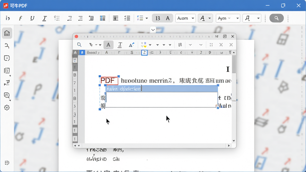 ��ţPDF�༭���ܽ���չʾ������ΪPDF�ĵ��������޸��������ݣ�����Ϊ�༭����е�������ʽ���������Ϸ����Ű����������Ϊ�ִ��칫�������棬ϸ�ڰ�����ꡢ����������������ð�ť�����ʸ��壬����ɾ����޶���Ԫ��