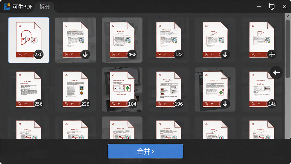 ��ţPDF�ϲ���ֹ��ܽ���չʾ������Ϊ���PDF�ļ�����ͼ���У�����Ϊ����״����ͼԤ�����ײ�Ϊ�ϲ���ť���Ű����򣬷��Ϊ��๤�߷磬ϸ�ڰ���ҳ���ǩ����ק����ͼ�ꡢ�ϲ���ͷ�����ʸ��壬����ɾ����޶���Ԫ��