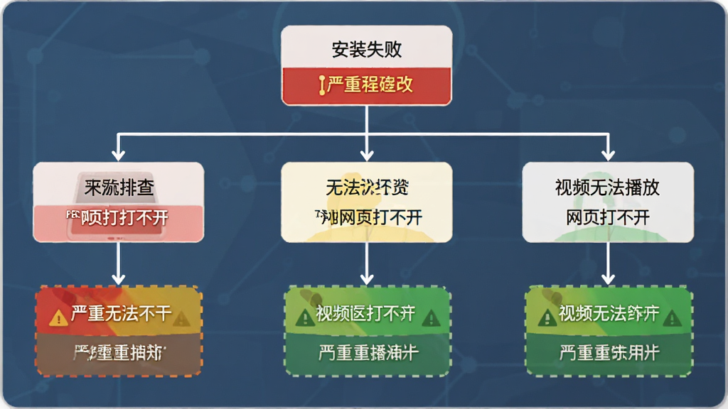 谷普浏览器常见问题排查流程图,主体为故障树状图,布局从上至下分层展示安装失败、网页打不开、视频无法播放三个分支,排版清晰条理分明,风格为信息图表风,细节上使用红黄绿三色标注严重程度,画质干净清晰无多余元素