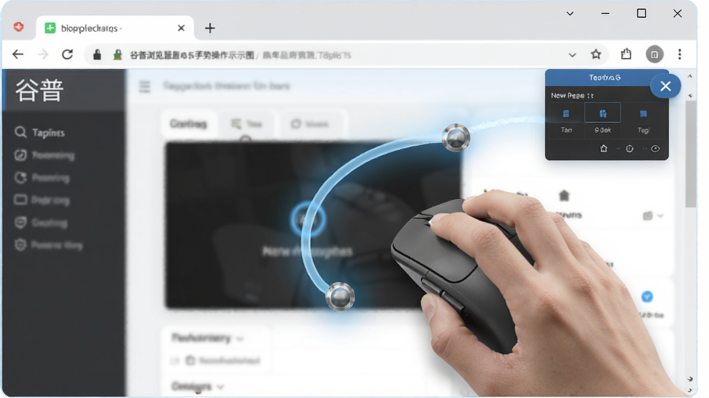 谷普浏览器鼠标手势操作示意图,主体为一只手握鼠标在浏览器界面上划出弧线轨迹,布局以浏览器窗口为背景,排版突出手势轨迹线条,风格为写实科技风,细节上显示轨迹末端触发新标签页开启,画质清晰干净无多余元素