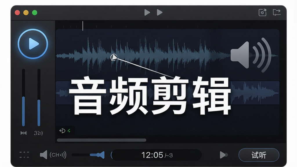 一张展示音频剪辑软件实时预览功能的图片,画面中软件界面显示播放按钮高亮,波形图上有播放指针移动轨迹,扬声器图标发出声波符号,背景为深色渐变风格,细节包括音量条、时间显示、试听按钮,画质清晰,图片中打文字“音频剪辑”