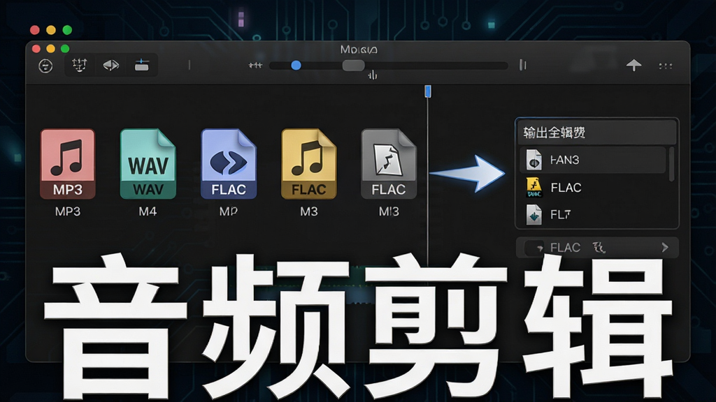 一张展示音频剪辑软件格式转换功能的图片,画面中软件界面显示多个音频格式图标排列成行,箭头指向输出格式选择框,背景为深色科技风格,细节包括MP3、WAV、FLAC等格式标识,画面干净整洁,画质清晰,图片中打文字“音频剪辑”