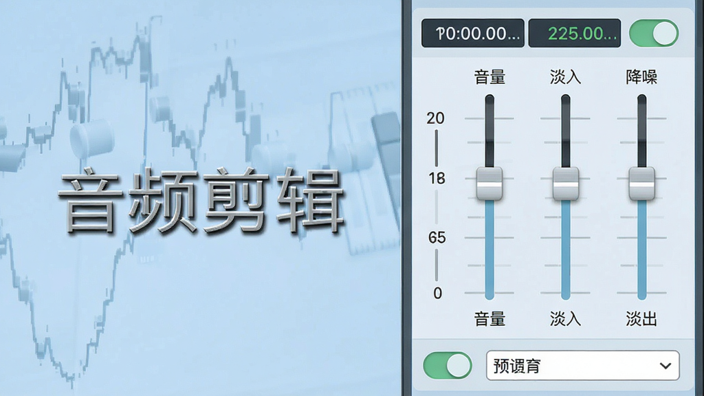 一张展示音频剪辑软件音量调节面板的图片,画面中软件界面右侧有多个滑块控件,分别标注音量、淡入、淡出、降噪等选项,背景为柔和的浅蓝色调,细节包括数值显示、开关按钮、预设下拉菜单,风格清新简洁,画质清晰,图片中打文字“音频剪辑”