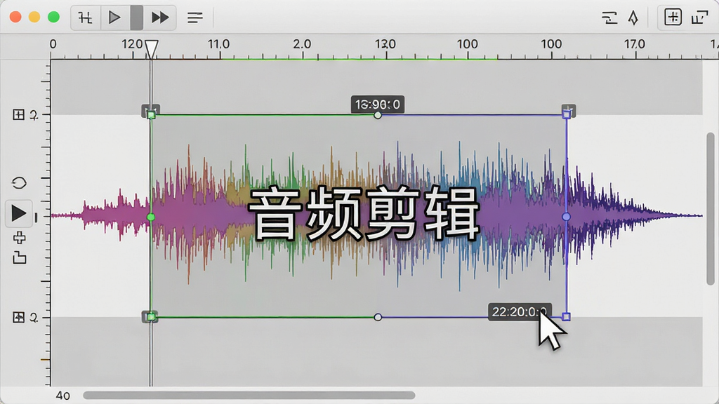 一张展示音频剪辑软件波形编辑界面的图片,画面中一条彩色声波曲线横贯屏幕,时间轴上有选区高亮标记,鼠标指针正拖动选区边缘,背景为浅灰色工作区,风格简洁专业,细节包括刻度线、播放指针、选区时长标签,画质清晰,无多余元素,图片中打文字“音频剪辑”