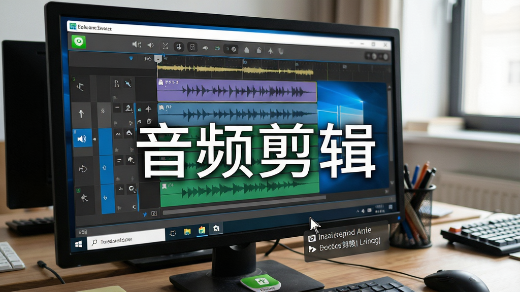 一张展示音频剪辑软件在Windows电脑上运行状态的图片,画面中软件窗口显示多条音频轨道和波形,任务栏上有音量图标和保存按钮,背景为办公桌面环境,细节包括鼠标指针、快捷键提示浮层,风格真实自然,画质清晰,图片中打文字“音频剪辑”