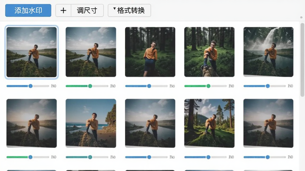 有图软件批量处理界面展示图,画面中显示多个图片缩略图排列在队列中,每张图片下方有处理进度条,界面顶部有添加水印、调整尺寸、格式转换等操作按钮,整体风格清爽,布局规整,画质清晰,无多余装饰元素