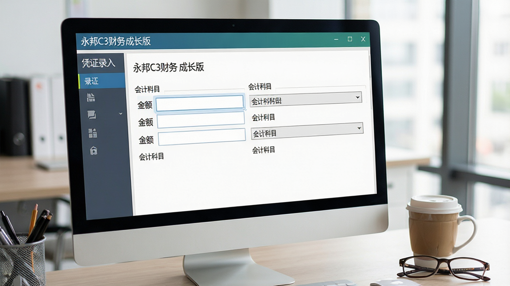 生图提示词:一张展现财务软件凭证处理功能的特写图,画面主体是电脑屏幕,屏幕上清晰显示“永邦C3财务 成长版”的凭证录入窗口,有金额输入框和会计科目下拉菜单,屏幕旁边放着一杯咖啡和一副眼镜,布局居中,风格写实商务,细节丰富,画质清晰干净