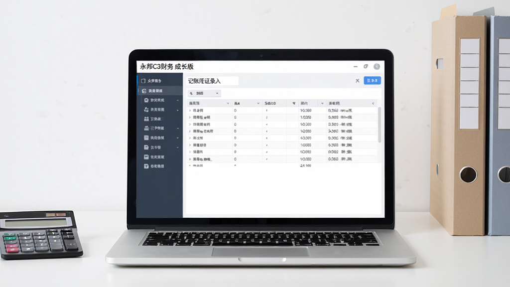软件主界面展示图,画面中央是一台打开的笔记本电脑,屏幕上显示着“永邦C3财务 成长版”的记账凭证录入界面,界面左侧有功能导航树,右侧是数据表格,背景是整洁的办公桌面,有计算器和文件夹点缀,风格商务简约,细节清晰,画质干净明亮,无多余元素