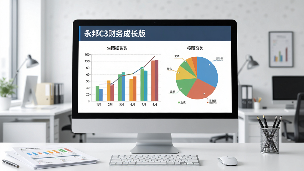 生图提示词:一张展示财务报表分析界面的图片,画面中心是一台台式电脑显示器,屏幕上呈现“永邦C3财务 成长版”的彩色柱状图和饼状图,旁边有打印出来的报表纸张,背景是明亮的办公室环境,布局规整,风格现代科技感,细节精致,画质高清无噪点