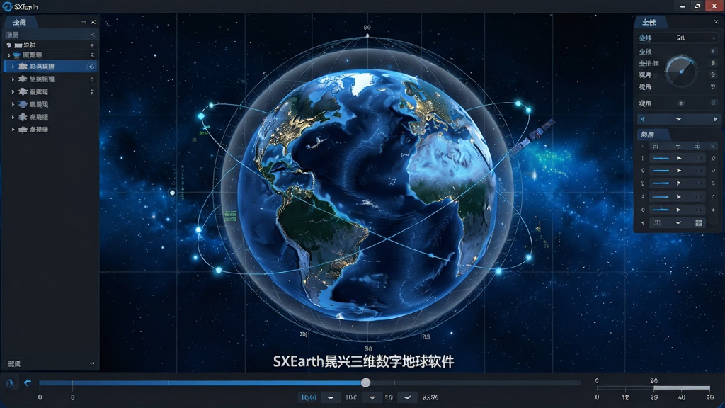 一张以深蓝色宇宙星空为背景的三维数字地球软件界面全景图,画面中央是一颗高精度渲染的蓝色地球,地球表面清晰可见大陆轮廓、云层与海洋反光,地球周围环绕着经纬网格线、卫星轨道与数据光点,界面左侧是图层管理面板,右侧是坐标与视角控制栏,底部是时间轴与比例尺,整体布局规整对称,风格写实科技感,细节包含城市灯光、地形起伏与半透明大气层,画质超高清,画面干净,无多余元素,图片中央下方标注文字“SXEarth晟兴三维数字地球软件”