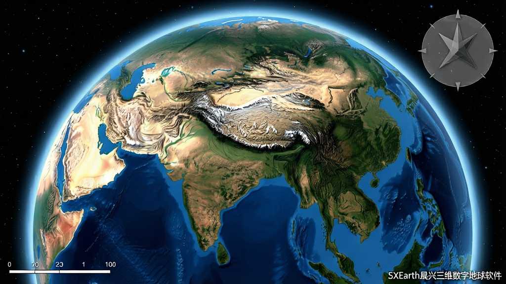 一张展示SXEarth晟兴三维数字地球软件中全球三维地形浏览效果的图片,画面主体是一颗巨大的三维地球,表面可见喜马拉雅山脉的立体起伏与深蓝色海洋,地球边缘有淡蓝色大气光晕,背景是黑色星空,画面右上角有一个半透明的视角控制罗盘,左下角有比例尺标注,风格写实,细节包含雪顶、峡谷与海岸线纹理,画质清晰,画面干净,无多余元素,图片角落标注文字“SXEarth晟兴三维数字地球软件”