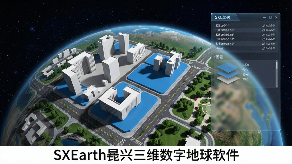 一张展示SXEarth晟兴三维数字地球软件三维场景搭建功能的图片,画面中是一颗局部放大的三维地球表面,上面叠加了若干白色建筑模型与蓝色规划区块,模型带有阴影效果,旁边有半透明的数据面板显示坐标与图层信息,背景是深色星空,风格科技感与写实结合,细节包含道路线条与绿化区域,画质高清,画面干净,无多余元素,图片下方标注文字“SXEarth晟兴三维数字地球软件”