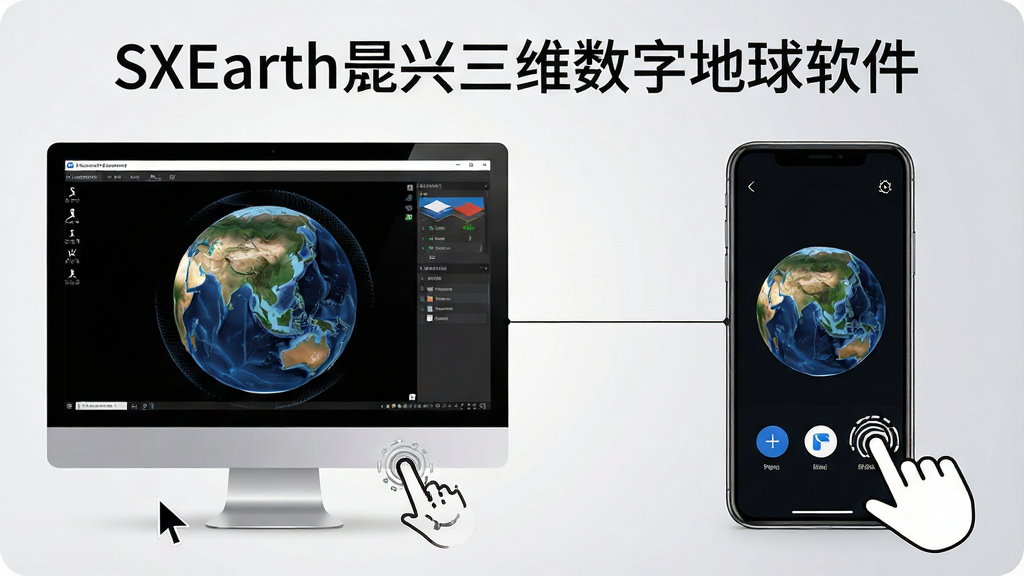 一张展示SXEarth晟兴三维数字地球软件在电脑端与移动端同时运行的对比图,画面左侧是电脑屏幕显示完整三维地球与图层面板,右侧是手机屏幕显示简化版三维地球与触控按钮,中间用细线连接,背景为浅灰色渐变,风格简洁商务,细节包含鼠标指针与手指触控图标,画质清晰,画面干净,无多余元素,图片上方标注文字“SXEarth晟兴三维数字地球软件”