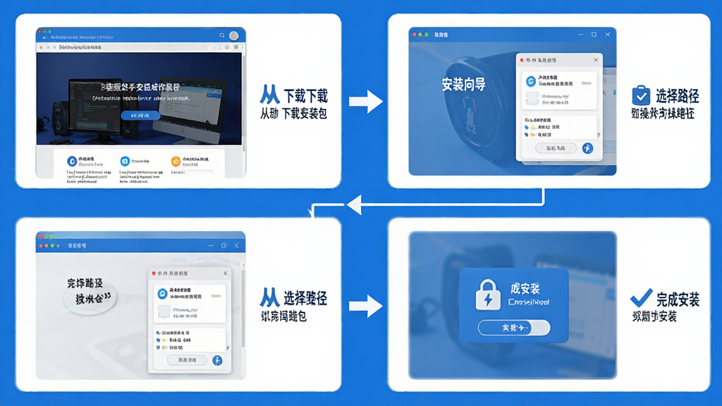 微视频新手安装操作流程图,画面以步骤图形式展示从下载安装包到完成安装的全过程,包含下载页面、安装向导、选择路径、完成安装四个步骤的截图示意,每个步骤旁边有简洁的文字标注,整体风格扁平化信息图设计,色调以蓝色和白色为主,画面清晰整洁,适合新手用户参考,高清画质,无多余装饰