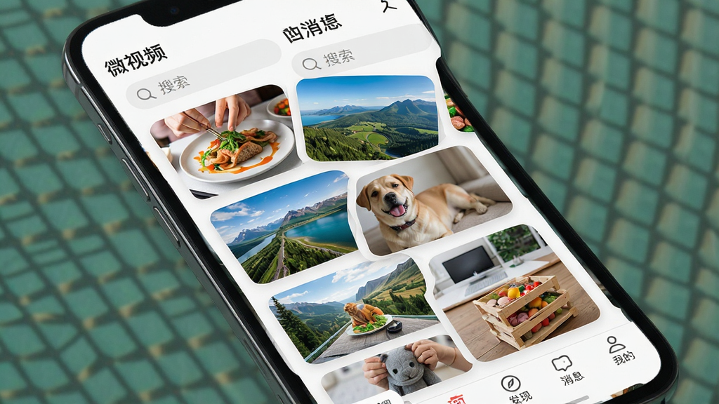 微视频海量短视频浏览界面,画面中展示手机屏幕内多个短视频卡片瀑布流排列,每个卡片显示不同的视频封面缩略图如美食制作、风景航拍、萌宠日常等,屏幕上方有“微视频”名称标识和搜索框,下方有首页、发现、消息、我的四个底部导航图标,整体风格清新明亮,色彩丰富但协调,UI设计简洁现代,高清画质,干净无杂乱元素
