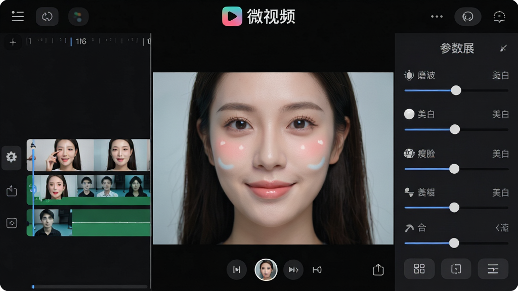 微视频内置剪辑与美颜功能展示,画面左侧为视频编辑时间轴显示多段视频片段拼接,中间为预览窗口展示一位人物经过美颜处理后的面部特写,右侧为参数调节面板包含磨皮、美白、瘦脸等滑块控件,顶部有“微视频”品牌标识,整体采用深色专业剪辑界面风格,按钮图标清晰,布局合理,高清画质,无多余装饰元素