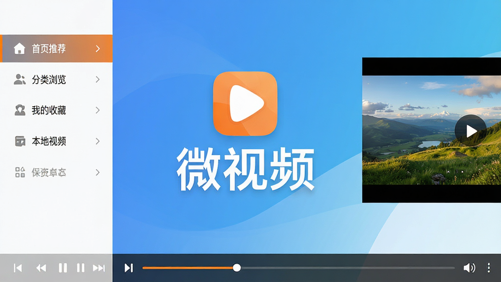 微视频软件主界面全貌展示,画面中央是微视频的品牌Logo与醒目的“微视频”三个大字,左侧为功能导航栏包含首页推荐、分类浏览、我的收藏、本地视频等模块,右侧为视频播放预览区域显示一段正在播放的风景短视频缩略图,底部有播放控制条与进度条,整体布局清晰对称,采用扁平化设计风格,色调以蓝白渐变为主搭配少量橙色点缀,画面干净整洁无多余元素,高清画质,适合软件下载站展示用的产品全景预览图