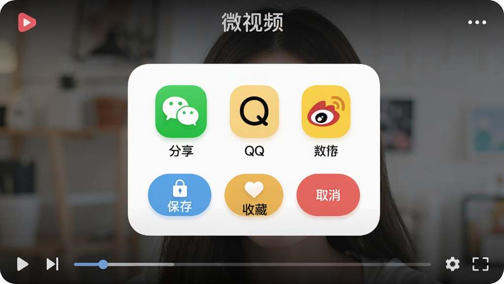 微视频一键分享与保存功能界面,画面展示一个视频播放完成后的操作弹窗,弹窗内包含分享到微信、QQ、微博的图标按钮以及保存到本地、收藏、取消等选项,背景为正在播放的短视频画面,顶部有“微视频”名称,整体UI设计圆润友好,按钮色彩鲜明,高清画质,画面干净整洁