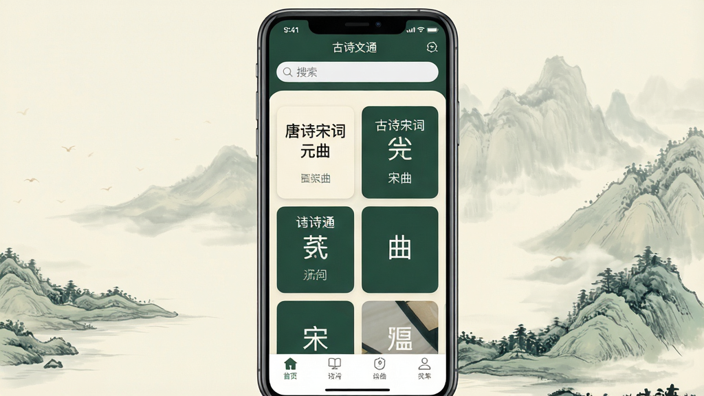 一张展示古诗文通软件界面的手机应用截图,画面中央是一部竖屏智能手机,屏幕上显示古诗文通APP的主页,顶部有搜索栏,中间是古诗文分类卡片,包含唐诗宋词元曲等标签,底部是导航栏,背景是淡雅的中国风山水画风格,整体色调以米白和墨绿为主,排版整齐清晰,画质高清干净,无多余元素