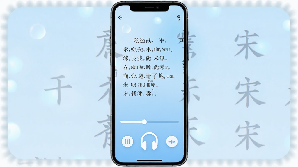 古诗文通APP的语音朗读功能界面,手机竖屏展示,屏幕中央是一首宋词的文字内容,下方有播放进度条和语速调节按钮,耳机图标醒目,背景为淡蓝色渐变,界面简洁现代,画质高清,无多余装饰元素