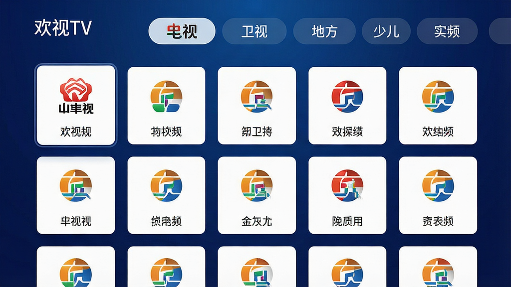 一张电视应用界面截图风格图,画面主体为“欢视TV”的频道分类页面,顶部有央视、卫视、地方、少儿等标签栏,下方为频道卡片网格,每个卡片包含频道图标与名称,背景为深蓝色渐变,界面排版整齐,风格现代简洁,画质高清,干净无多余元素