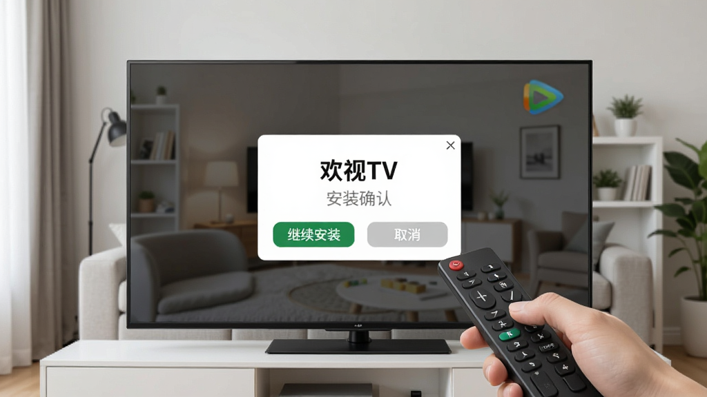 一张电视安装教程示意图,画面中电视屏幕上显示“欢视TV”的安装确认弹窗,下方有“继续安装”和“取消”两个按钮,一只手握遥控器指向“继续安装”按钮,背景为客厅环境,风格写实,画质清晰,干净无多余元素