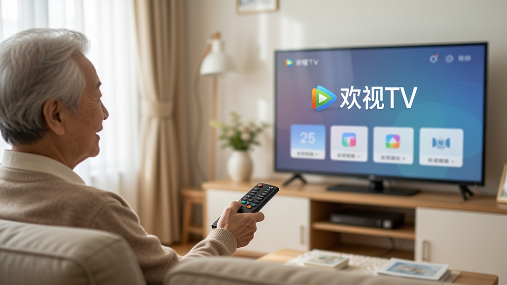 一张客厅场景图,一位老年用户坐在沙发上手持遥控器,电视屏幕上显示“欢视TV”的简洁首页界面,画面温馨自然,光线柔和,风格写实,画质清晰,干净无多余元素