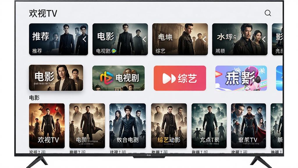 一张电视端影视点播界面图,画面中电视屏幕上显示“欢视TV”的点播首页,顶部为推荐轮播图,下方为电影、电视剧、综艺、动漫等分类入口,再下方为海报墙式影片列表,整体布局清晰,风格简约大气,画质高清,干净无多余元素