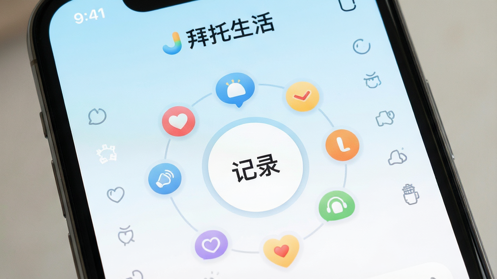 一张展示手机屏幕的图片,屏幕中显示拜托生活应用的主界面,界面风格清新简约,背景为淡蓝色与白色渐变,画面中央有一个醒目的圆形记录按钮,周围环绕着心情标签图标,顶部显示“拜托生活”文字标识,整体布局干净整洁,风格治愈温馨,细节清晰,画质高清,无多余元素