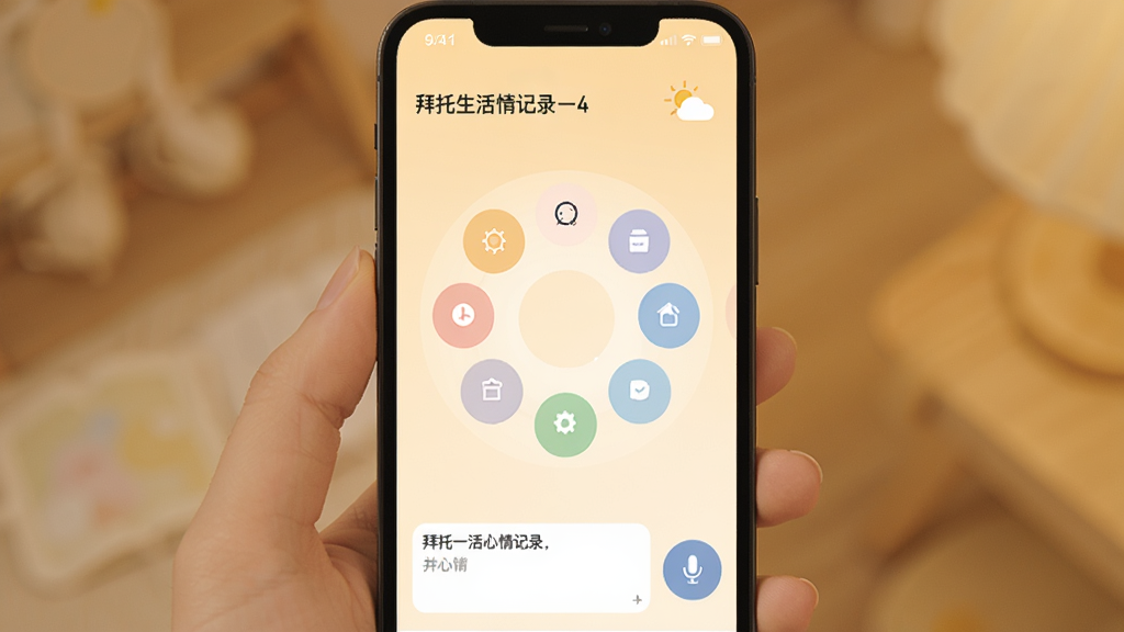 一张手机应用界面截图,画面中展示拜托生活的心情记录页面,屏幕上方显示日期和天气图标,中间是色彩柔和的心情选择圆环,下方有文字输入框和语音按钮,背景为暖色调,整体风格温馨治愈,画质清晰,无多余元素