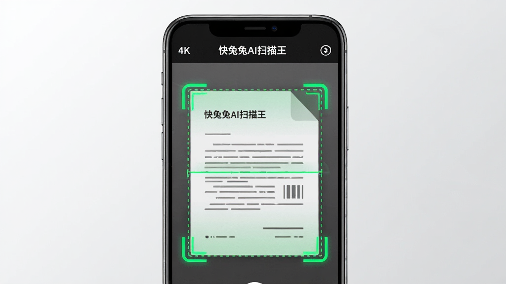 主体为一部智能手机屏幕显示“快兔兔AI扫描王”扫描界面,画面中央是一份正在被扫描的纸质文档,带有绿色扫描框和自动裁边虚线;布局采用居中构图,手机与文档形成前后层次;排版简洁,背景为浅灰色渐变;风格为现代科技感扁平插画;细节包括扫描光线、文档文字线条、手机边框高光;画质清晰干净,无多余元素,分辨率4K,适合软件介绍配图