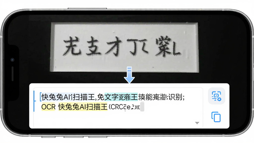 主体为“快兔兔AI扫描王”软件中OCR文字识别功能界面,手机屏幕显示一张带有文字的图片,下方浮现可编辑的文本内容;布局为上下结构,上方为识别源图,下方为文本框;排版清晰,使用箭头指示识别方向;风格为简洁明亮的移动应用界面风格;细节包括识别按钮、文字高亮、复制图标;画质清晰干净,无多余元素