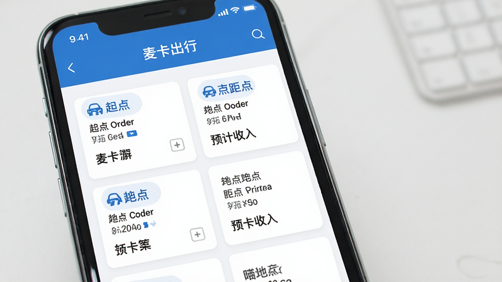 一张展示“麦卡出行”司机端订单列表界面的图片,屏幕中显示多个待接订单卡片,包含起点终点距离与预计收入,界面配色为蓝白相间,风格简洁商务,画质清晰,干净无多余元素