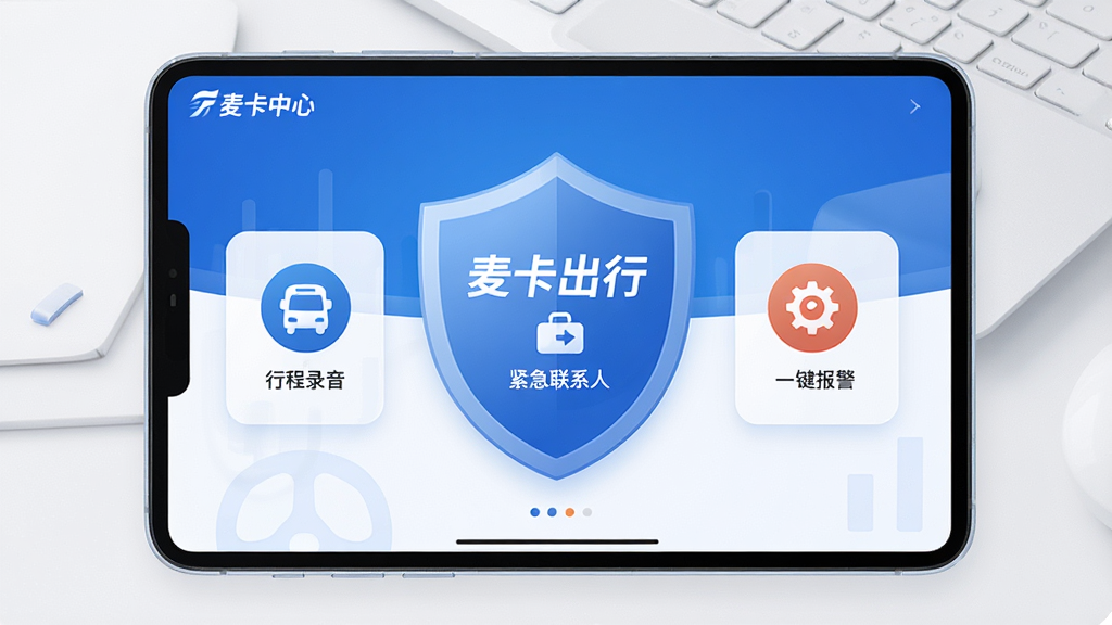 一张展示“麦卡出行”安全中心界面的图片,屏幕中有行程录音、紧急联系人、一键报警等功能图标,整体以蓝色安全盾牌为主视觉,背景干净整洁,画质高清,无多余装饰元素