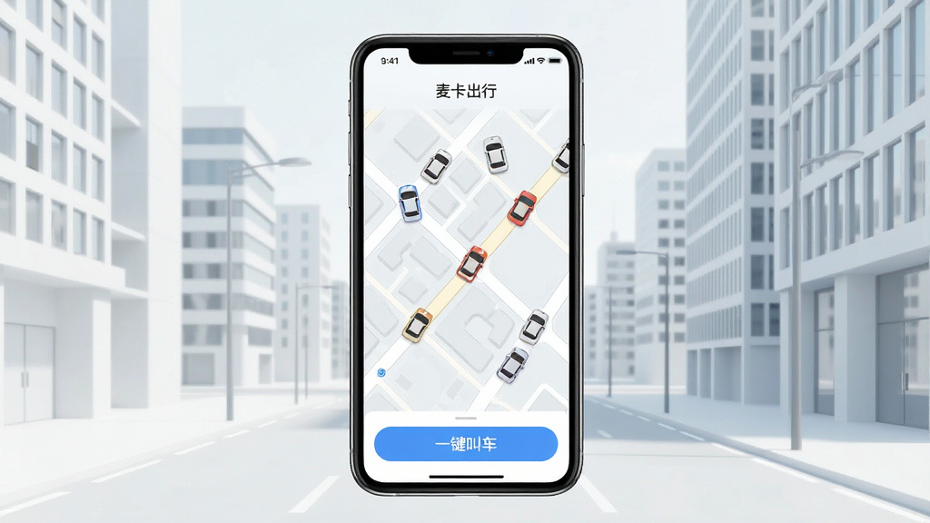一张展示智能手机界面的图片,屏幕中央显示“麦卡出行”APP的首页地图与附近车辆图标,地图上有多个小车图标分布在城市街道上,底部有“一键叫车”按钮,背景是简洁的现代城市街景,整体风格清爽明亮,画质清晰干净,无多余元素
