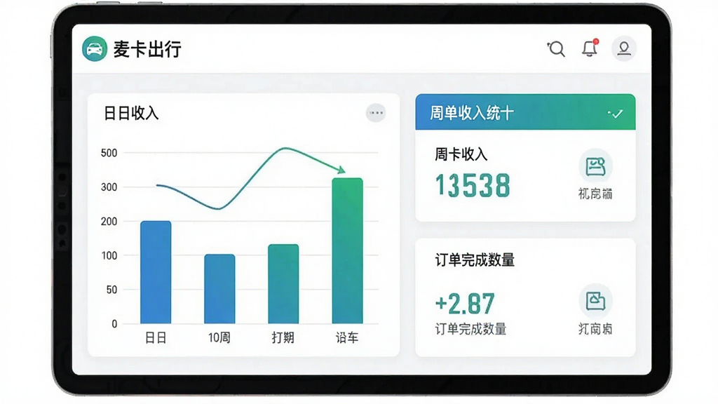 一张展示“麦卡出行”司机收入统计界面的图片,屏幕中有日收入、周收入柱状图与订单完成数量,配色以蓝绿为主,风格清新简洁,画质清晰,无多余元素