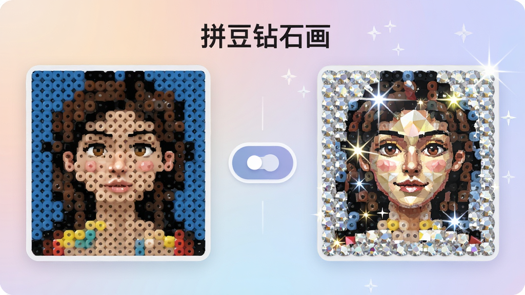 拼豆钻石画双模式切换界面示意图,左侧展示拼豆模式的像素颗粒效果,右侧展示钻石画模式的闪耀切面效果,中间有切换按钮,背景为柔和渐变,画面中标注
