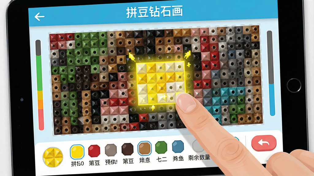 拼豆钻石画填色操作界面特写,屏幕中央有一块正在填充的像素画布,当前待填色块以黄色高亮闪烁,下方工具栏显示色号预览和剩余数量,手指正在点击色块,界面边缘有进度条和撤销按钮,整体采用扁平化设计风格,配色明快,文字标注