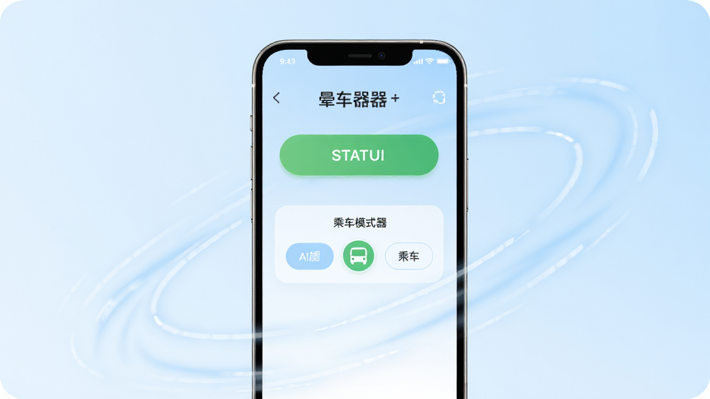 一张干净明亮的手机界面展示图,画面中央是一部现代智能手机,屏幕上显示着晕车神器的应用主界面,界面中有绿色的启动按钮和乘车模式选择选项,背景是柔和的浅蓝色渐变,周围环绕着轻微的动感线条象征车辆平稳行驶,风格简洁清新,画质清晰,无多余元素
