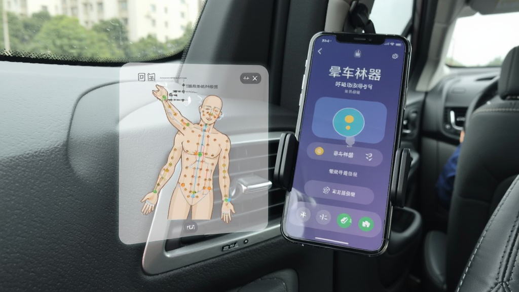一张手机支架固定在汽车空调出风口,手机屏幕显示晕车神器的呼吸引导界面,旁边有淡淡的穴位图示浮层,背景是车内座椅和车窗,光线自然,风格写实,画质清晰,突出使用场景