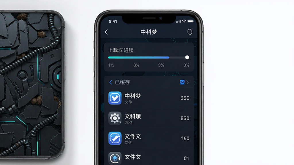 中科梦离线缓存功能展示,手机屏幕显示下载管理页面,软件名称“中科梦”位于页面顶部,画面中包含下载进度条与已缓存文件列表,背景为深色科技纹理,布局纵向排列,风格沉稳专业,细节清晰,画质高清,干净无多余元素