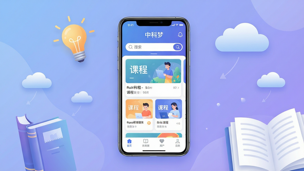 中科梦移动应用主界面展示,画面中央放置一部智能手机,手机屏幕显示“中科梦”软件首页,包含课程卡片、搜索栏与底部导航栏,背景为柔和渐变蓝紫色调,周围点缀书籍、灯泡、云朵等学习元素,整体布局简洁明快,排版居中对称,风格现代科技感,细节清晰,画质高清,干净无多余元素