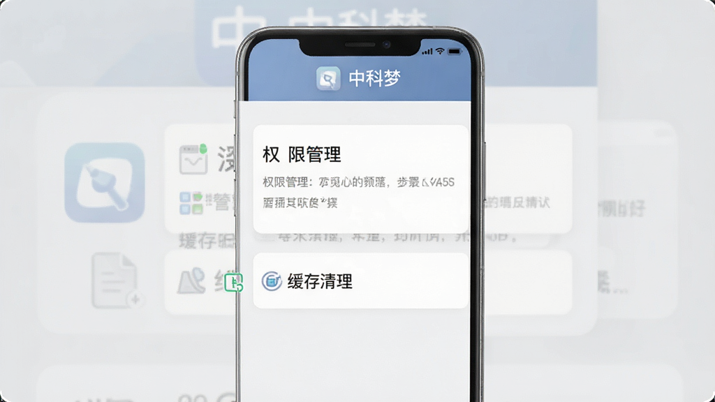 中科梦应用设置界面展示,手机屏幕显示权限管理与缓存清理选项,软件名称“中科梦”出现在页面标题栏,背景为淡灰色极简风格,布局清晰分层,细节干净,画质高清,无多余装饰元素