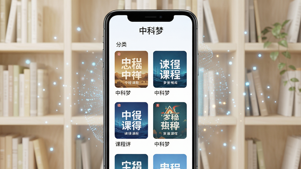 中科梦学习资源库界面,画面展示手机屏幕中排列整齐的课程封面与分类标签,软件名称“中科梦”显示在顶部,背景为浅色书架与数字粒子效果,布局采用网格状排列,风格清新简约,细节丰富,画质清晰,干净无杂乱元素