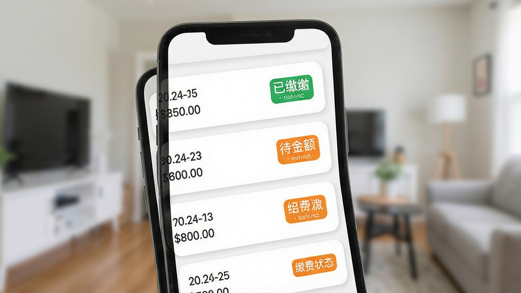 一张展示抄表猫住户端费用查询功能的图片,主体为手机屏幕显示费用账单列表,屏幕中每条账单包含月份、金额、缴费状态标签,布局为垂直列表结构,风格为清爽卡片式设计,细节包括绿色已缴标签、橙色待缴标签、圆角卡片分隔,画质高清干净无多余元素