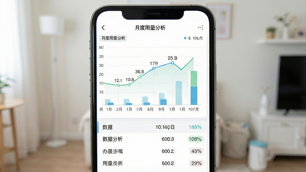 一张展示抄表猫住户端用量分析功能的图片,主体为手机屏幕显示用量折线图和柱状图,屏幕中图表标题为“月度用量分析”,布局为图表在上数据列表在下,风格为清新简约数据可视化风格,细节包括坐标轴标签、数据点标注、浅色网格线,画质高清干净无多余元素